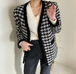 Classic Houndstooth Black & White Quilted Tweed Coat