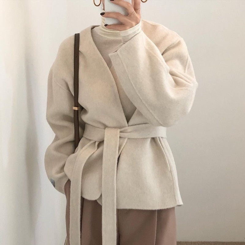 Collarless wool shop blend coat