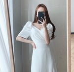 Sweetheart Neckline Puffed Sleeve Midi Dress