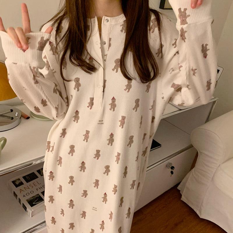 Korean Style Teddy Bear Print Long Sleeve Pajama Dress