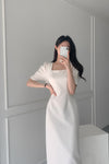 Square Neck Short Sleeve Fitted Midi Dress