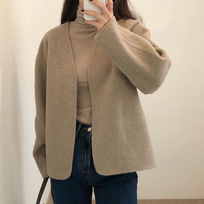 Minimalist Collarless Wool Blend Coat with Belt