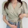 Wrap Style Bow Tie Short Sleeve Blouse