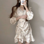 Floral V-Neck Side Drawstring Long Sleeve Dress