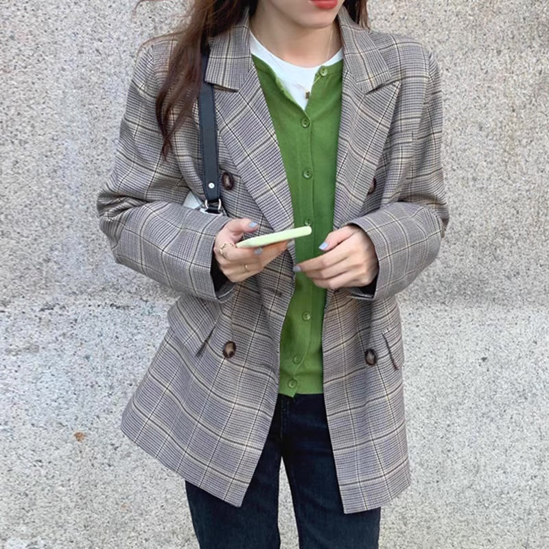 Casual Fit Peaked Lapel Double Breasted Plaid Blazer