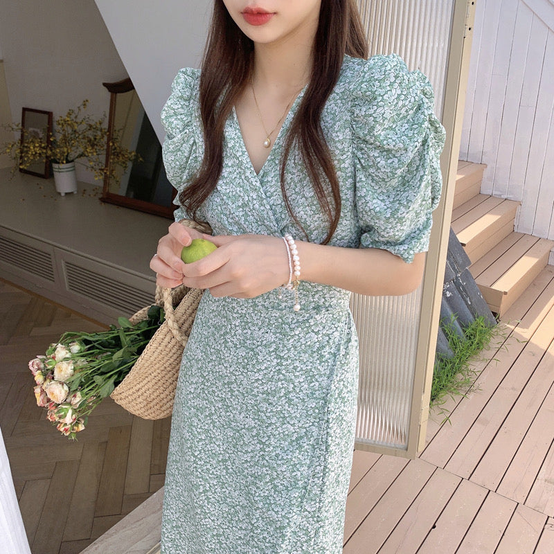 Korean Style Floral Printed V-Neck Wrap Dress