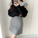 Color Block Cold Shoulder Mock Neck Knitted Sweater