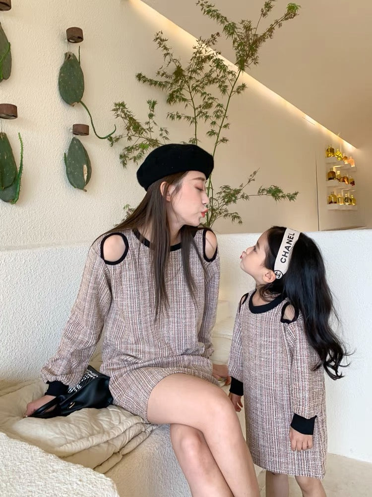 Mom & Daughter ♡ Cotton Tweed Cut-Out Shoulder Dress
