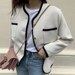 Black & White Contrast Trim Collarless Tweed Jacket