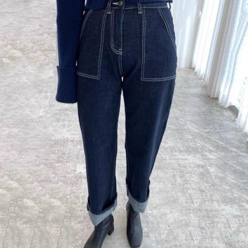 Denim Utility Barrel Pants with Contrasting Stitches