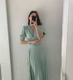 Short Sleeve V-Neck High Waist Pleated Midi Dress