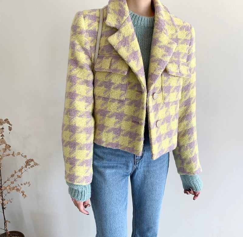 Designer Bubble Gum Houndstooth Cropped Tweed Blazer