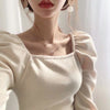 Cotton Knit Square Neck Puffed Sleeve Top