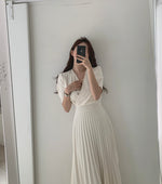 Short Sleeve V-Neck High Waist Pleated Midi Dress