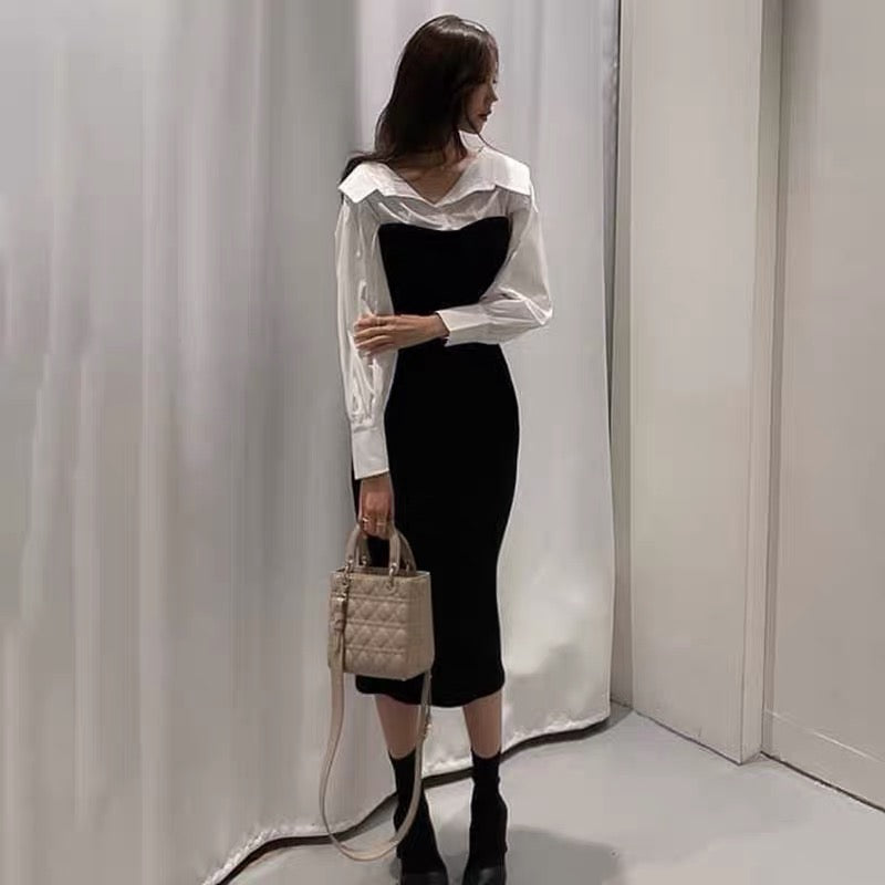 Black & White Shirt Collar Spliced Knitted Bodycon Dress MyDearCloset Black & White Shirt Collar Spliced Knitted Bodycon Dress MyDearCloset