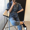 Short Sleeve Blue Denim Utility Jumpsuit