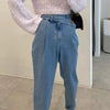 Designer High-Rise Asymmetrical Side Buttons Denim Pants