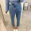 Designer High-Rise Asymmetrical Side Buttons Denim Pants