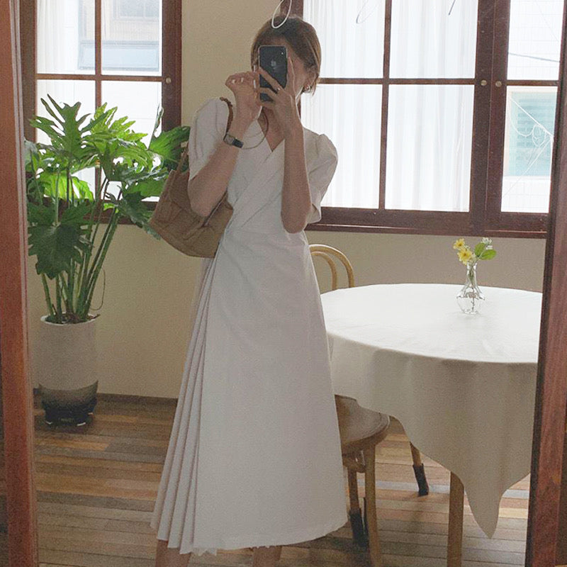 Pleated Wrap Style White Midi dress