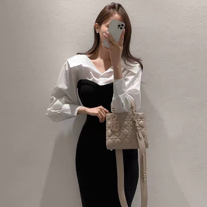 Black & White Shirt Collar Spliced Knitted Bodycon Dress MyDearCloset Black & White Shirt Collar Spliced Knitted Bodycon Dress MyDearCloset