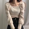 Cotton Knit Square Neck Puffed Sleeve Top