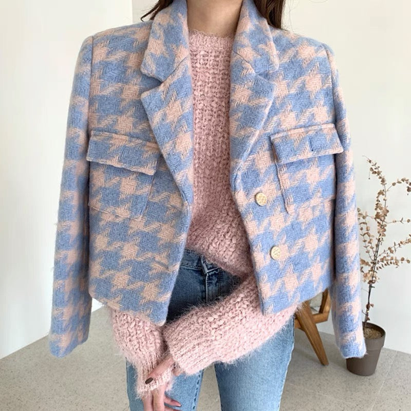 Designer Bubble Gum Houndstooth Cropped Tweed Blazer