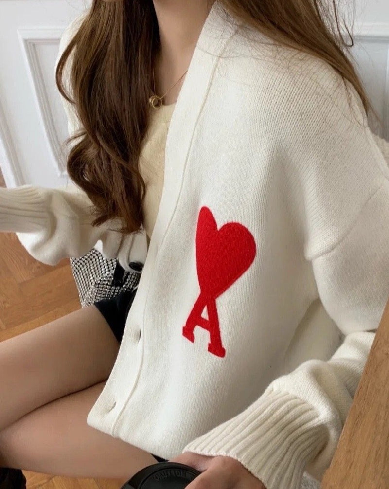 Korean Style Embroidered Letter Heart Soft Wool Cardigan