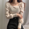 Cotton Knit Square Neck Puffed Sleeve Top