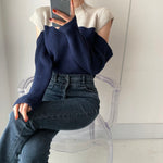 Color Block Cold Shoulder Mock Neck Knitted Sweater