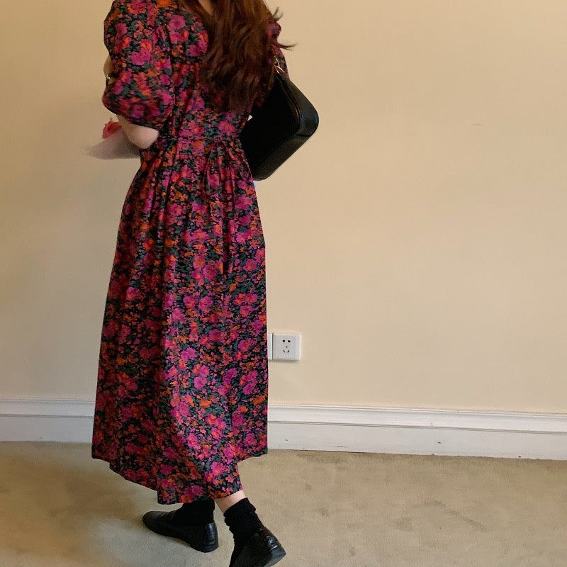 Square Neck Fuchsia Midi Floral dress