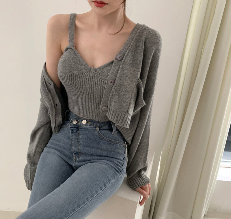 Korean Style V-Neck Long Sleeve Cardigan Set