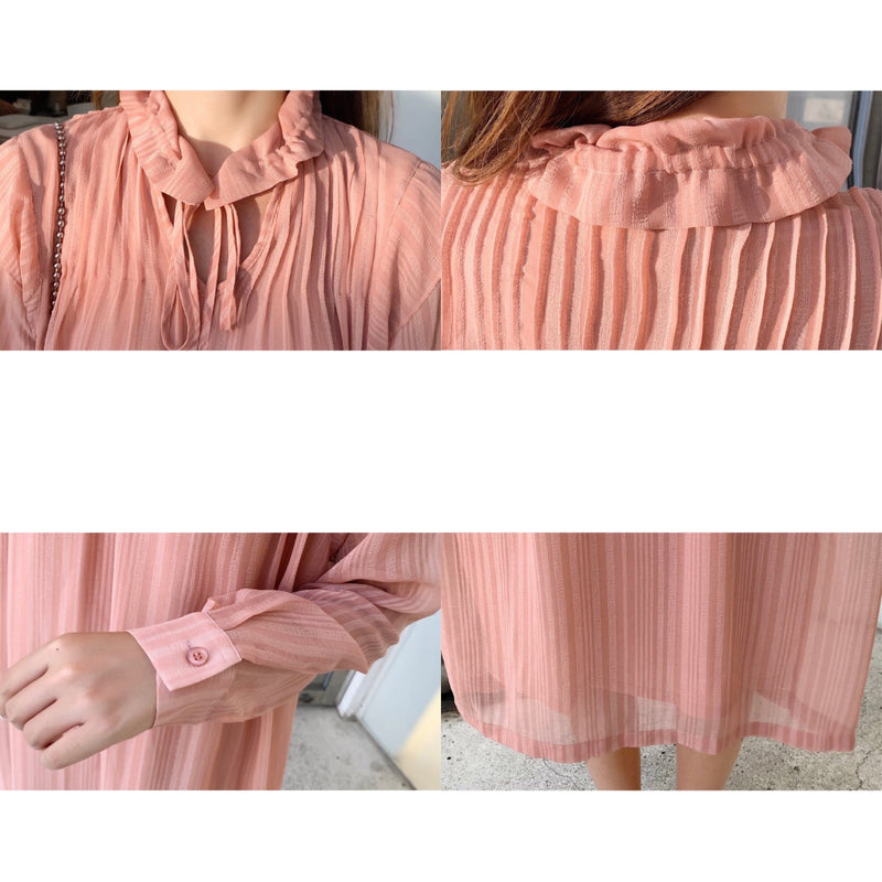 Peach Pink Ruffled Neck A-Line Dress