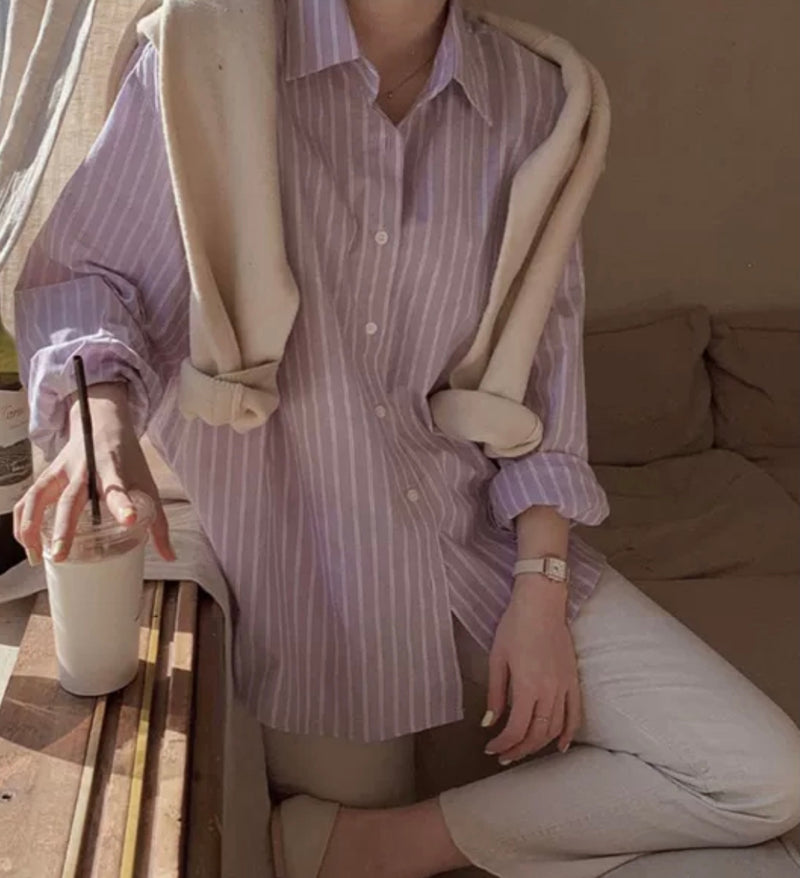 Korean Style Taro Stripe Button-Up Shirt