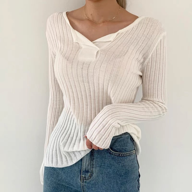 Soft Cotton V-Neck Ribbed Knit Top