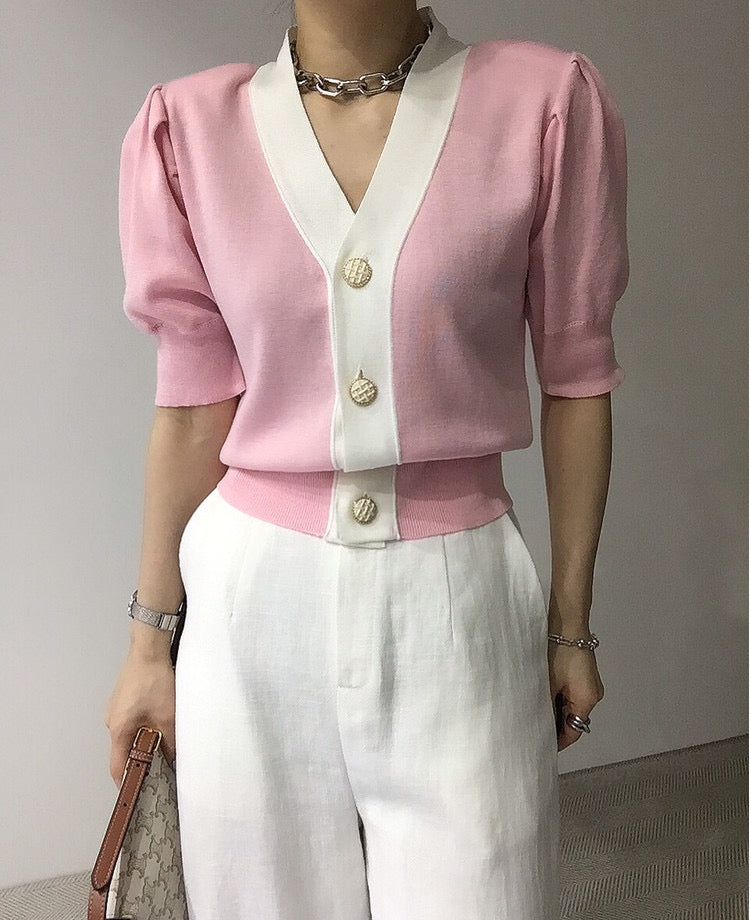 Classic Color Block OL Short Sleeve Cardigan