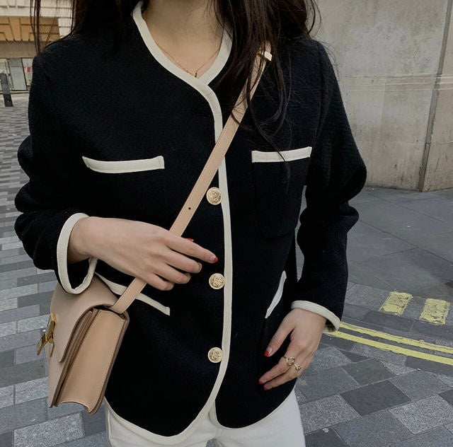 Black & White Contrast Trim Collarless Tweed Jacket