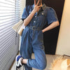 Short Sleeve Blue Denim Utility Jumpsuit