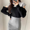 Color Block Cold Shoulder Mock Neck Knitted Sweater