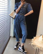 Short Sleeve Blue Denim Utility Jumpsuit