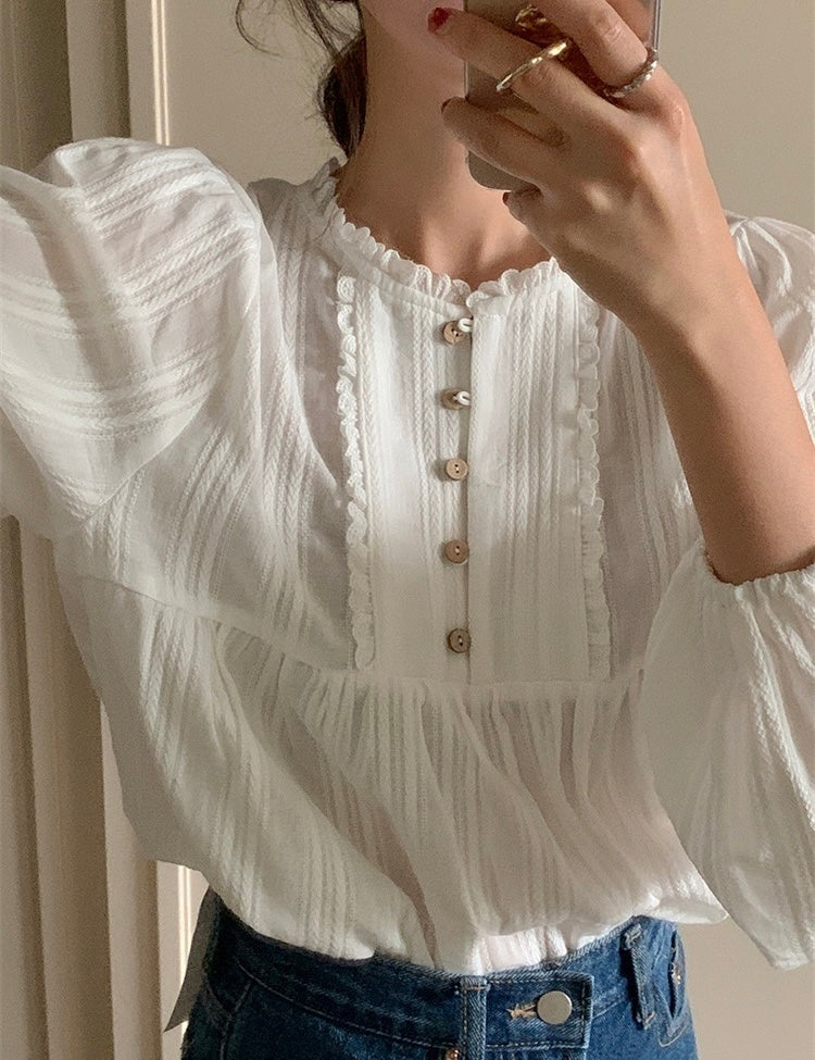 Ruffled Neck Buttoned Blouse