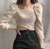 Cotton Knit Square Neck Puffed Sleeve Top