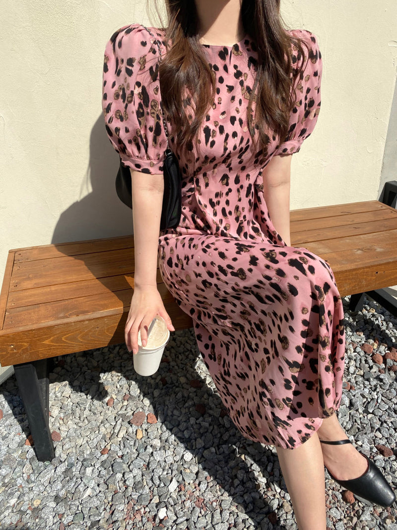 Pink Leopard Chiffon Midi Dress