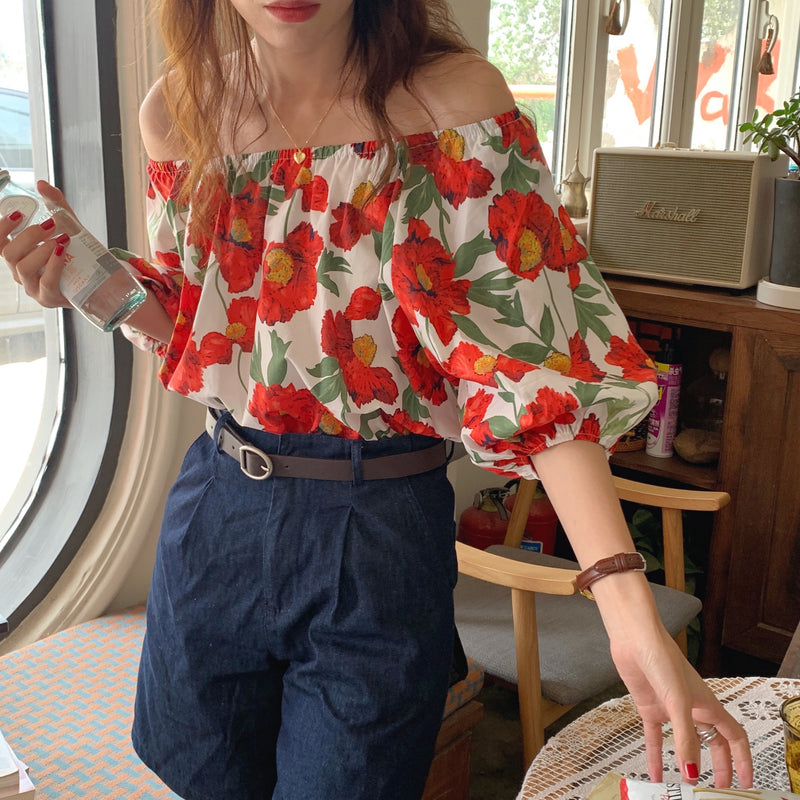 Passion Floral Print Off-Shoulder Top