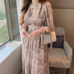 Long Sleeve Chiffon Maxi Dress with Cutout Waist and Side Slit