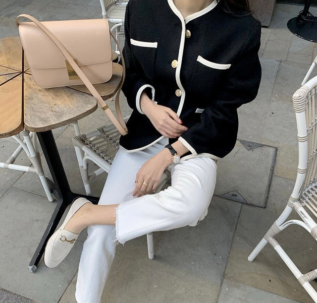 Black & White Contrast Trim Collarless Tweed Jacket – MyDearCloset