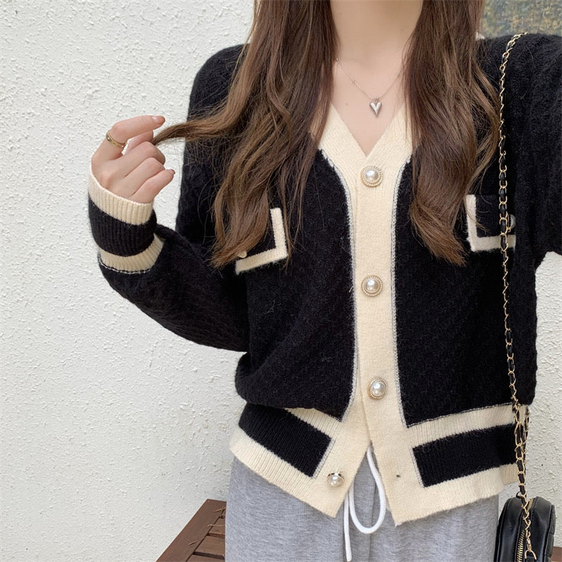 Color Contrast Diamond Knit Cardigan