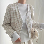 V-Neck Collarless Plaided Tweed Jacket