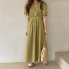 Matcha Green / Beige V-Neck Belted Dress with Pockets