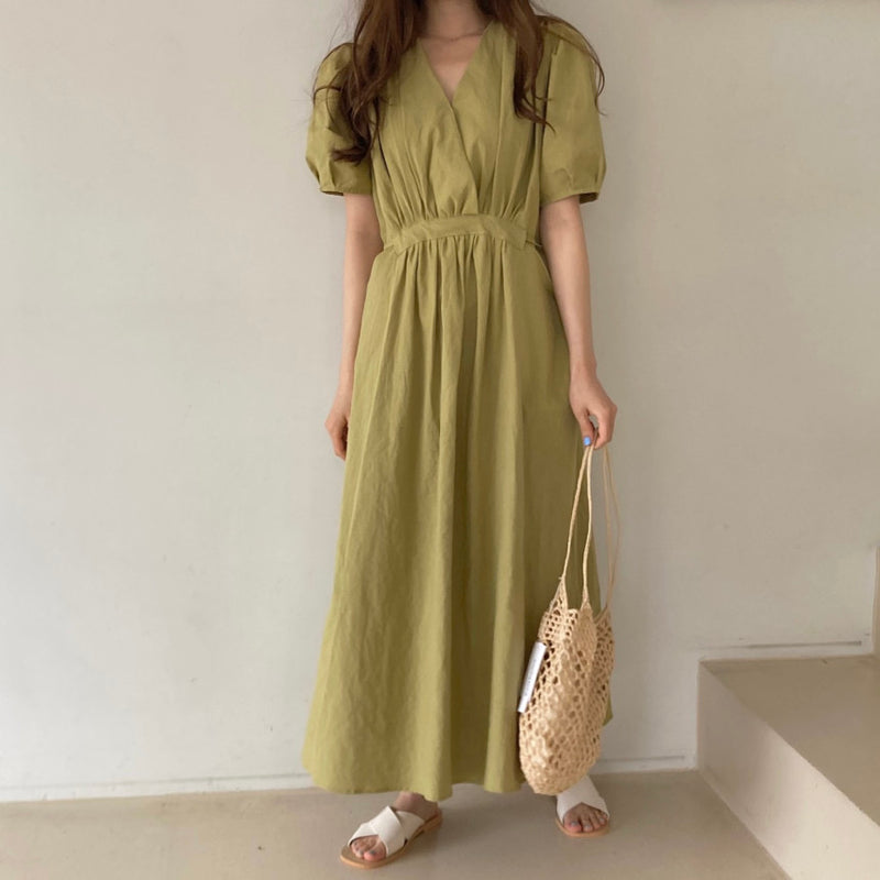 Matcha Green / Beige V-Neck Belted Dress with Pockets