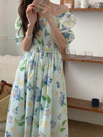 French Romance Light Blue Watercolor Floral Print Smocked Midi Dress